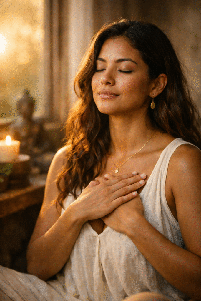 Mulher sentada próxima à janela com expressão tranquila, simbolizando bem-estar e chakras alinhados.