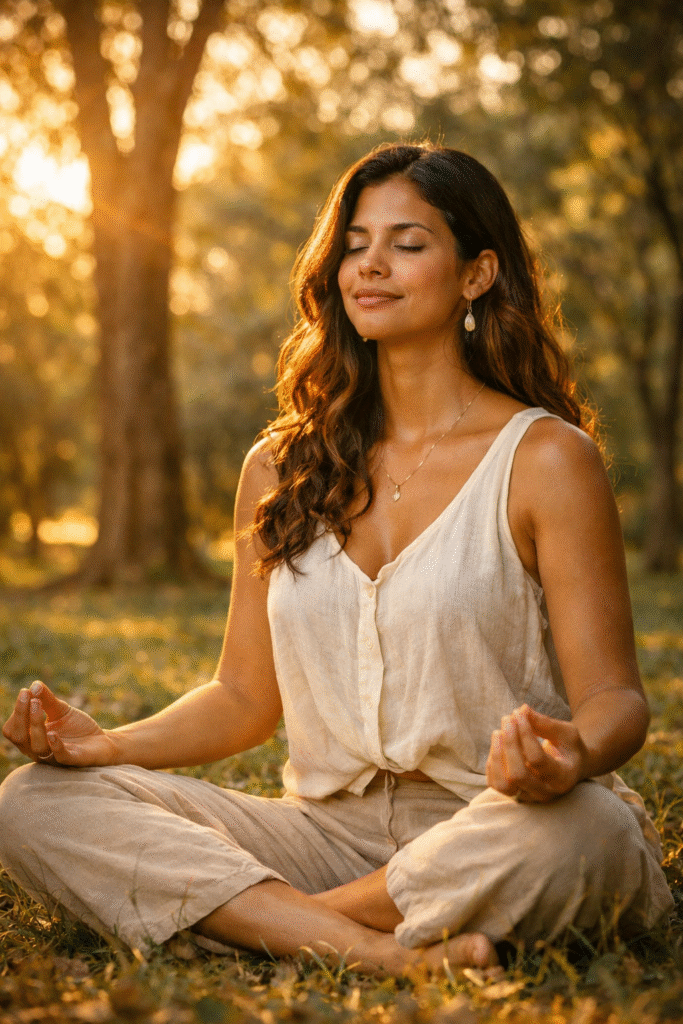 Mulher meditando em um parque cercado por árvores durante o pôr do sol, representando equilíbrio espiritual e chakras alinhados.
