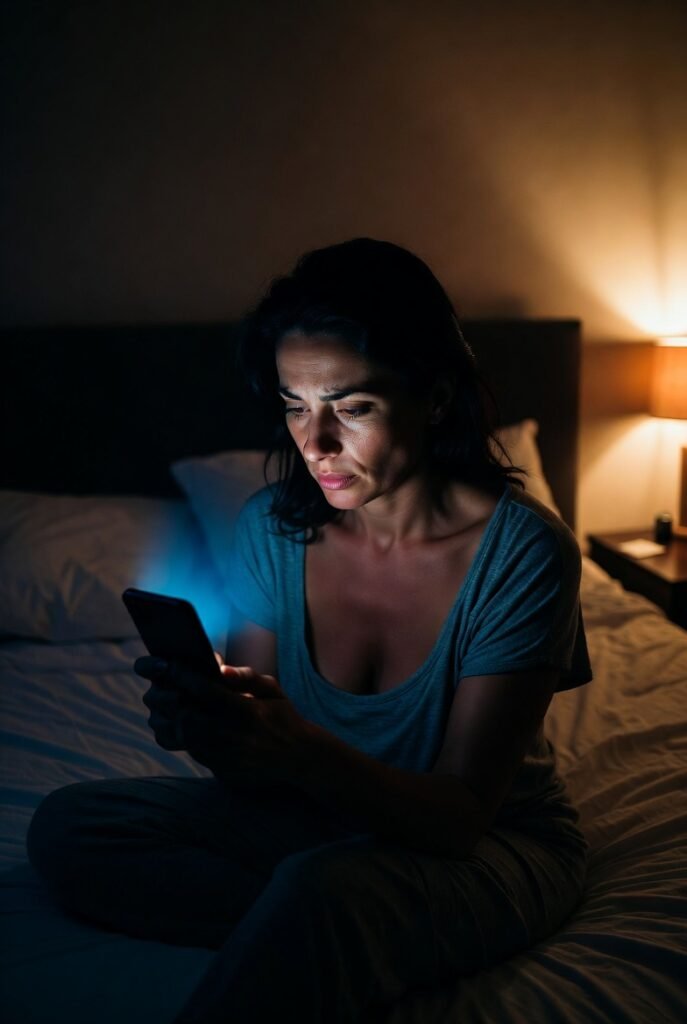 mulher brasileira sentada na beira da cama à noite com rosto iluminado pela luz azul do celular em quarto escuro com expressão cansada representando como telas e luz azul enganam o cérebro e dificultam a produção de melatonina e o sono rápido