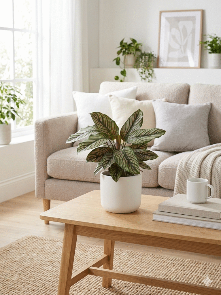calathea com folhas decorativas em vaso branco sobre mesa de centro em sala aconchegante