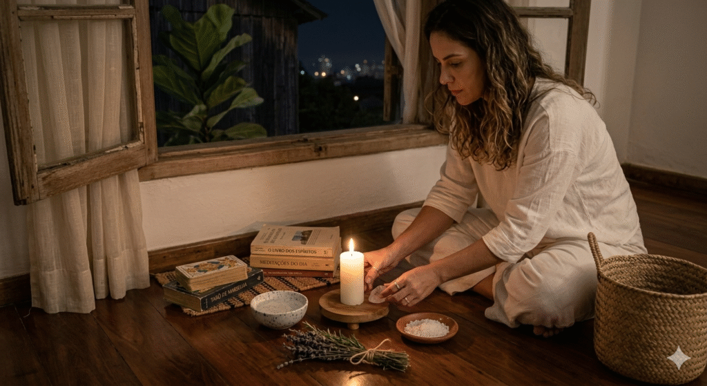 mulher organizando altar com vela branca água sal grosso e ervas para ritual de lua nova para renovação energética