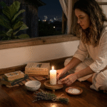 mulher organizando altar com vela branca água sal grosso e ervas para ritual de lua nova para renovação energética