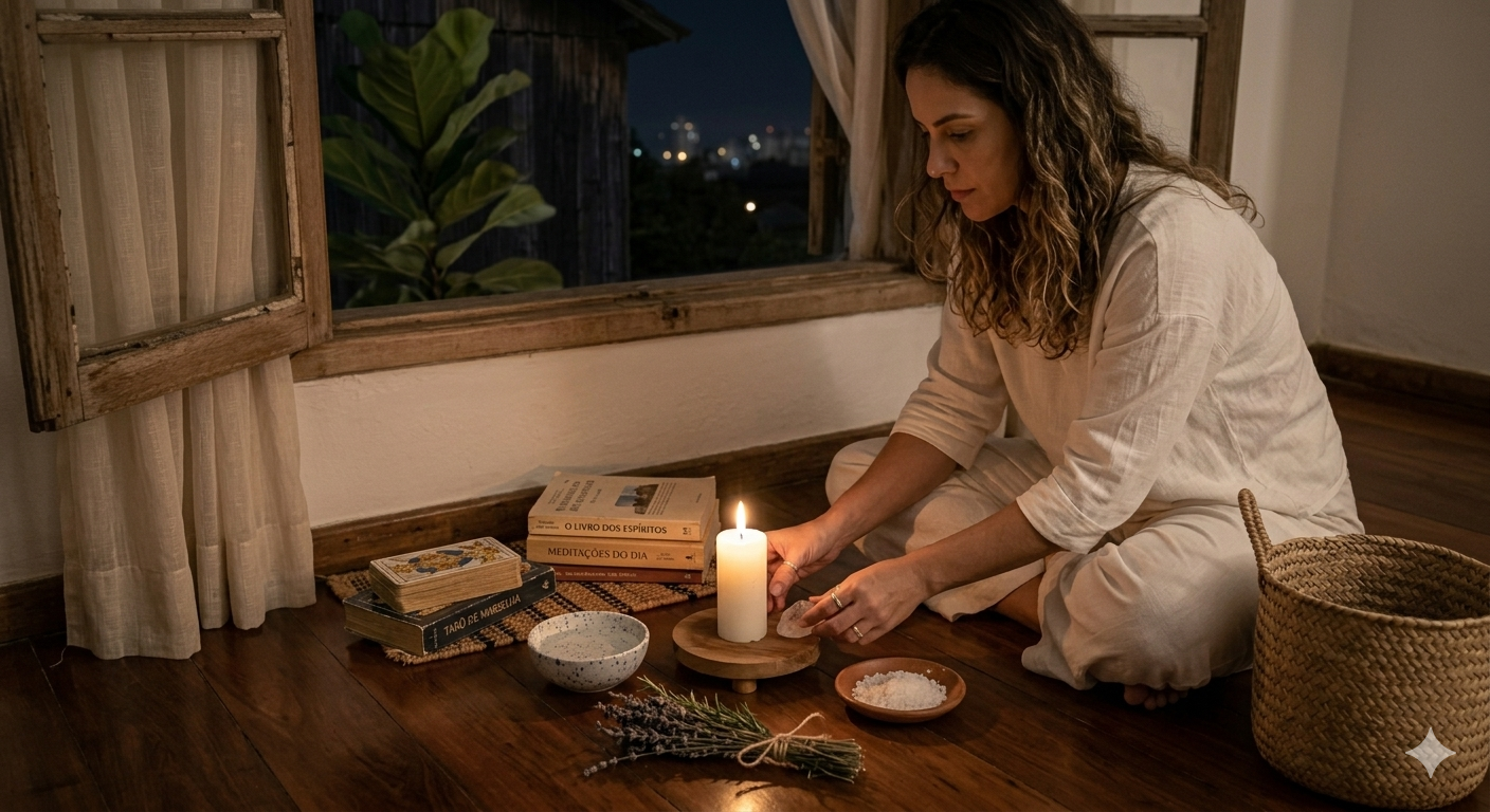 mulher organizando altar com vela branca água sal grosso e ervas para ritual de lua nova para renovação energética