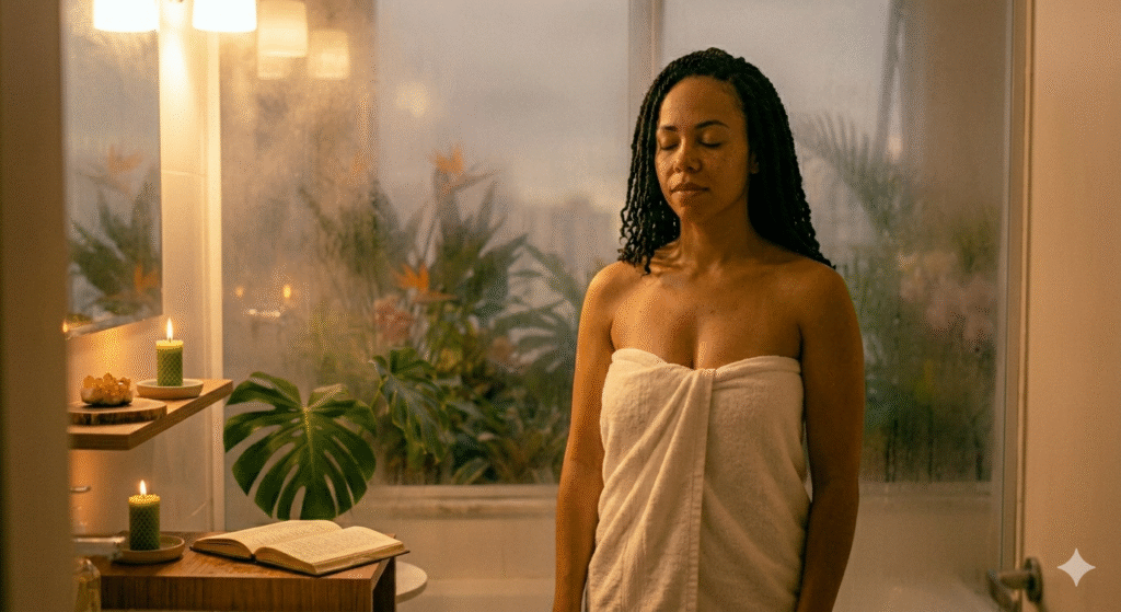 mulher brasileira envolta em toalha branca após banho morno com expressão sonolenta e relaxada em banheiro com vapor representando como o banho morno antes de dormir acelera a queda de temperatura corporal e sinaliza ao cérebro que é hora de dormir