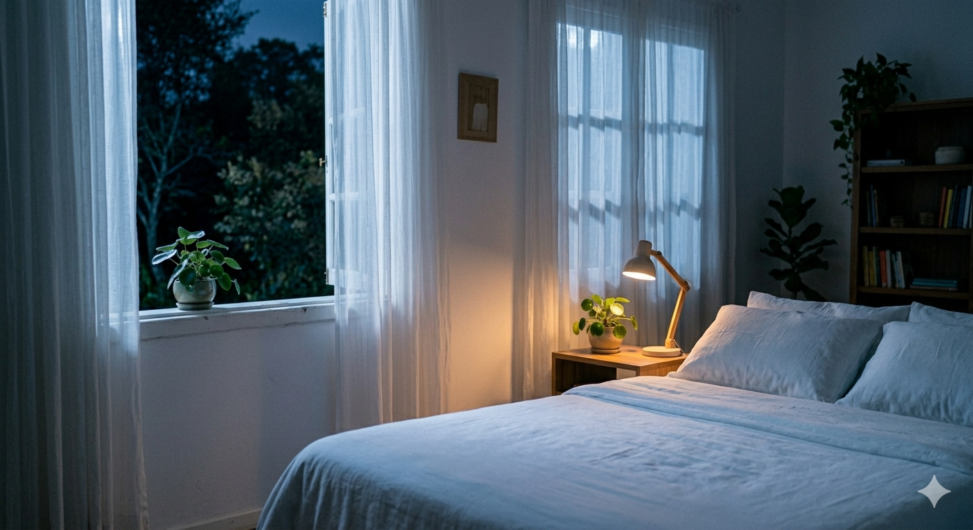 quarto limpo e iluminado representando qualidade do sono com o método 10-3-2-1