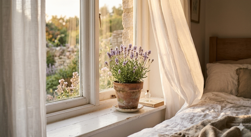 avanda em vaso de barro no peitoril de janela de quarto com luz dourada da tarde