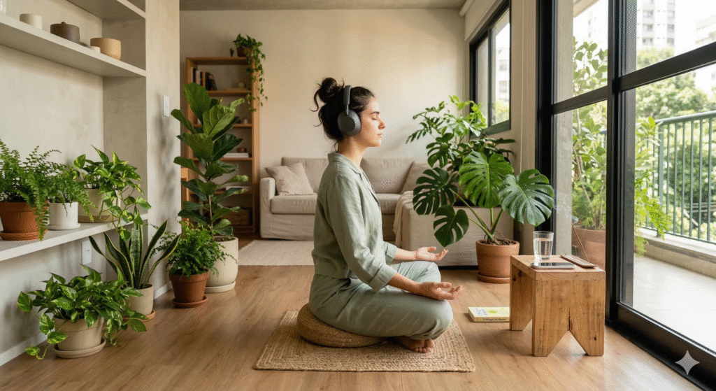 Meditação com música suave em ambiente calmo e harmonioso, promovendo relaxamento e energia positiva