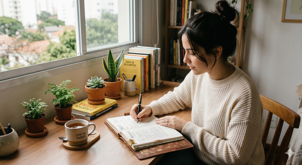 Pessoa praticando journaling para autocuidado, promovendo equilíbrio emocional e energia positiva