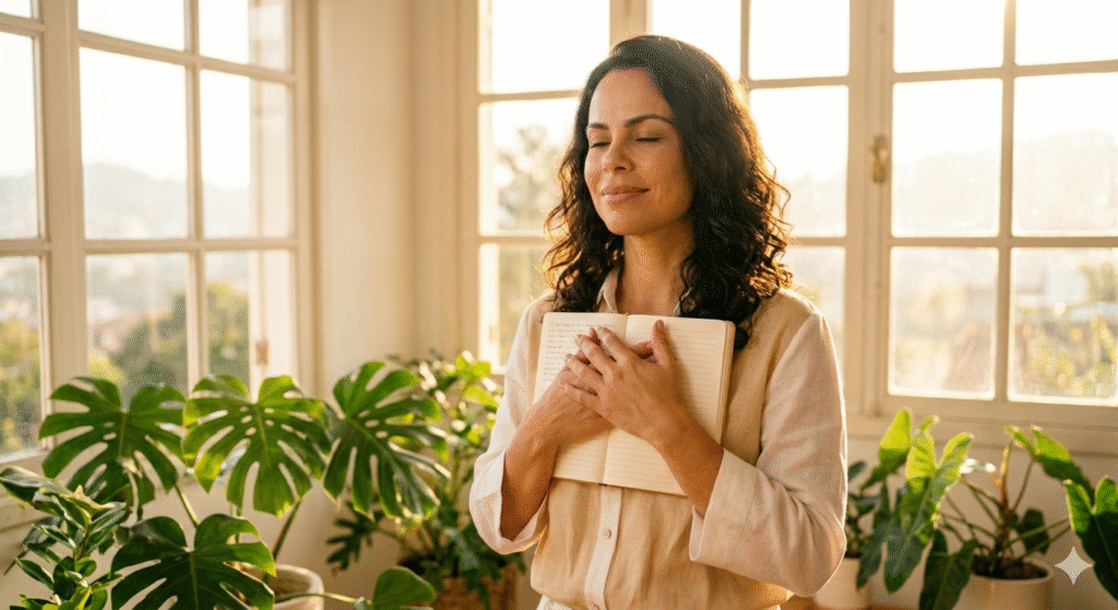 mulher brasileira segurando diário aberto no peito com expressão serena e empoderada banhada por luz dourada representando o resultado de uma prática consistente de frases com intenção como transformação da narrativa interna e da qualidade de vida