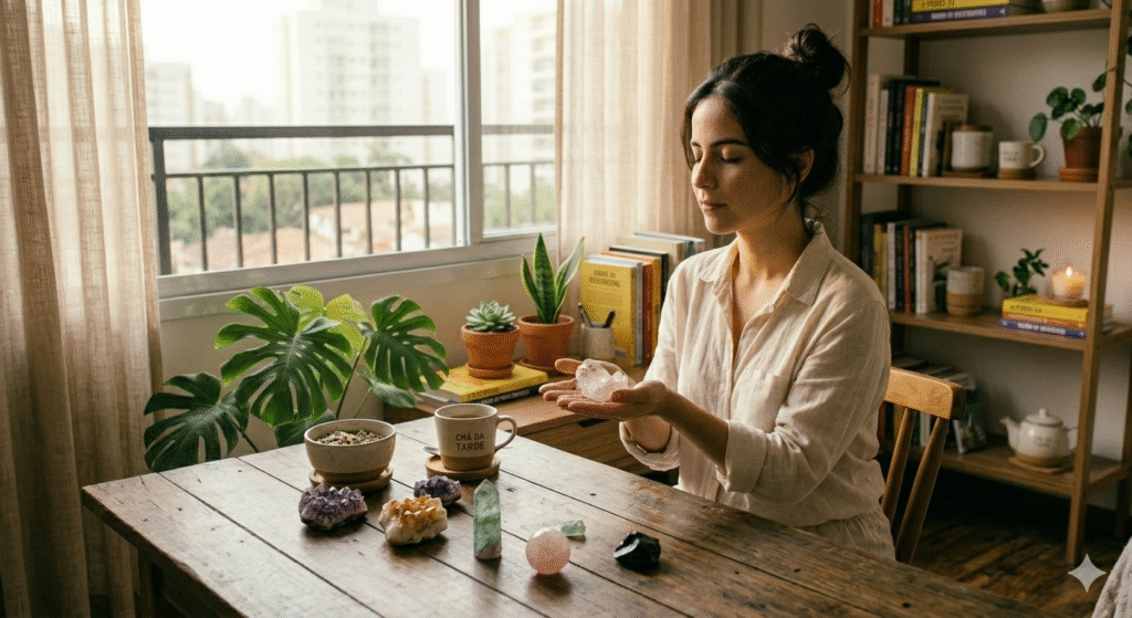 mulher escolhendo cristal pela intuição tocando quartzo rosa em mesa com várias pedras coloridas e luz natural