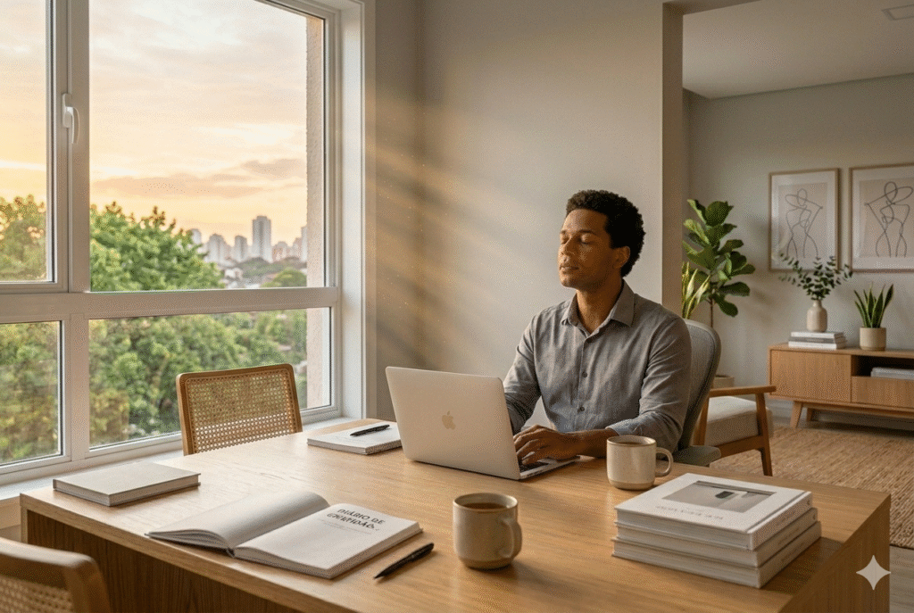 Profissional respirando profundamente antes de responder a colega negativo no escritório.