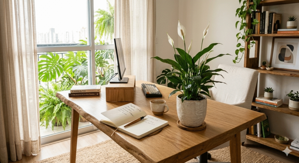 lírio da paz sobre mesa de home office com luz natural e caderno aberto