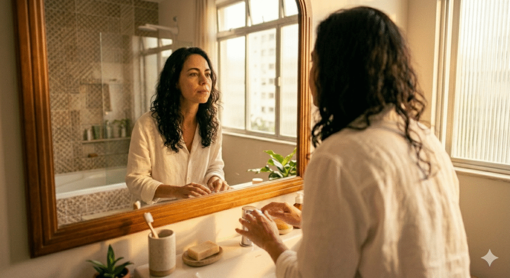 mulher brasileira diante do espelho com expressão confiante e empoderada olhando para o próprio reflexo representando prática de afirmações de prosperidade em voz alta como ferramenta de reprogramação do subconsciente para atrair dinheiro