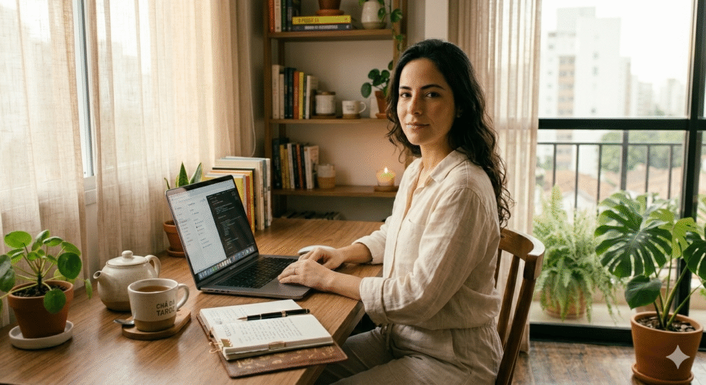 mulher brasileira sentada em home office organizado com laptop planta e chá representando energia e produtividade no trabalho