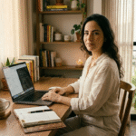 mulher brasileira sentada em home office organizado com laptop planta e chá representando energia e produtividade no trabalho