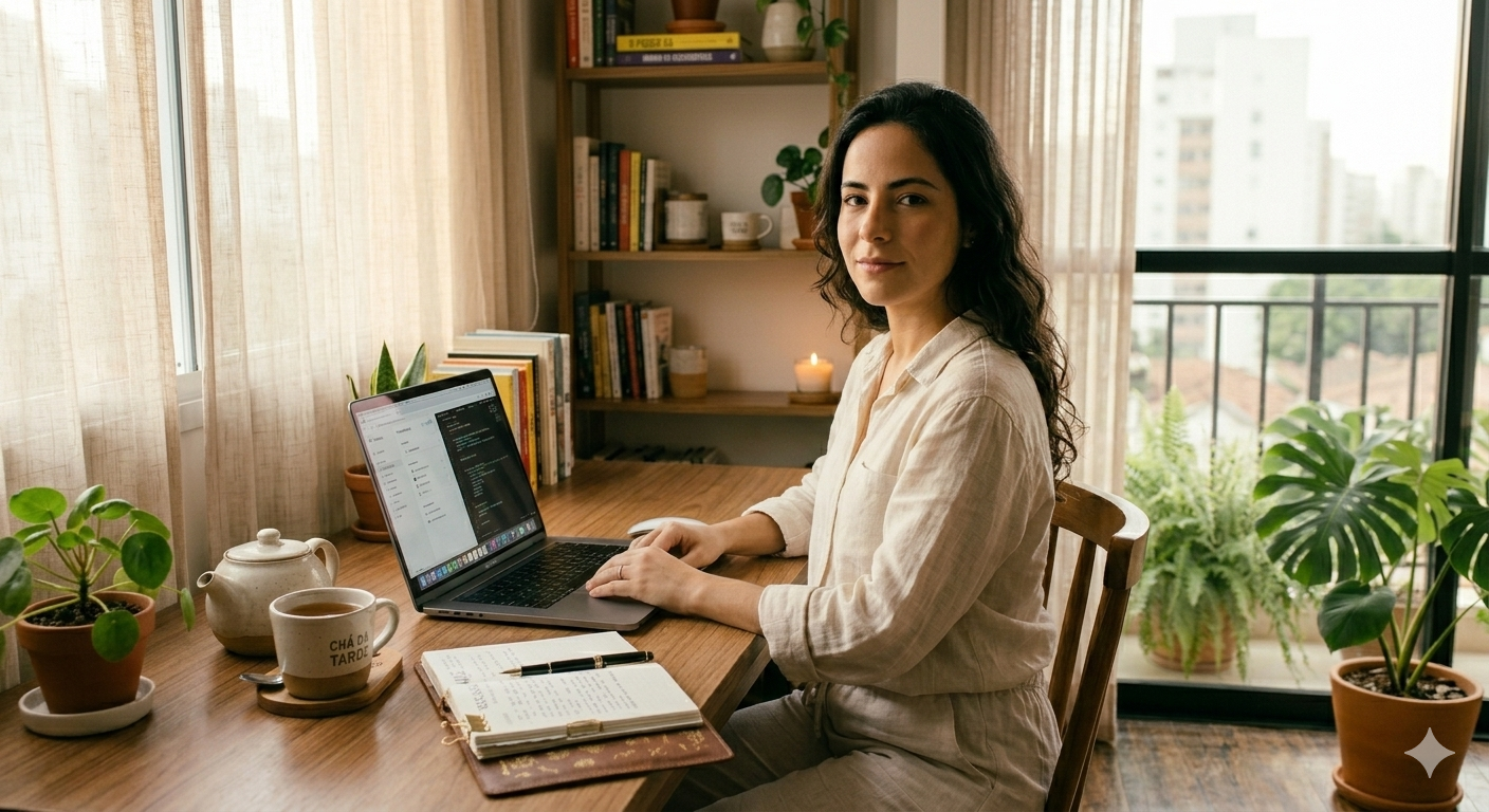 mulher brasileira sentada em home office organizado com laptop planta e chá representando energia e produtividade no trabalho