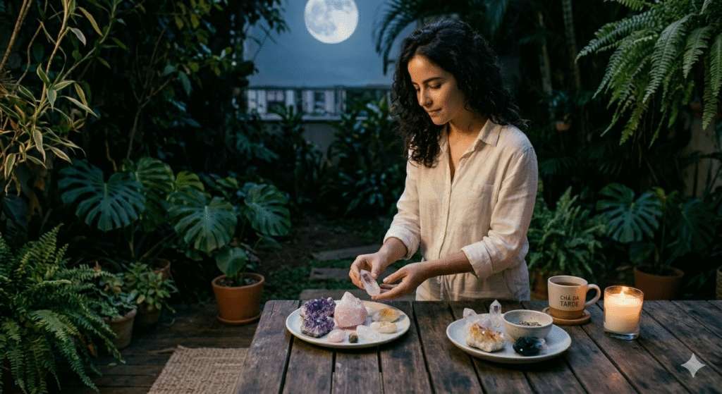 mulher colocando cristais para carregar na luz da lua cheia em prato de cerâmica branco no jardim à noite com vela acesa
