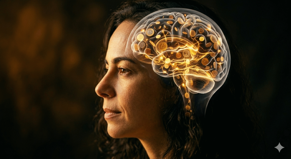 perfil de mulher brasileira com silhueta da cabeça mostrando moedas douradas e conexões neurais brilhantes circulando internamente representando como a mente consciente e subconsciente influencia diretamente o fluxo de dinheiro e prosperidade