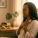 mulher brasileira sentada no sofá com mãos no peito e olhos fechados em expressão de quem está se acalmando conscientemente representando como aliviar ansiedade rapidamente com técnicas simples e eficazes no momento da crise