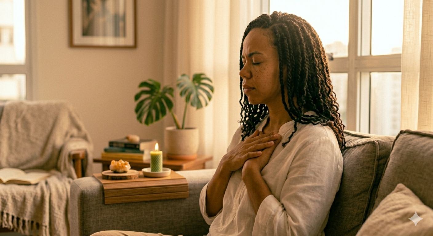 mulher brasileira sentada no sofá com mãos no peito e olhos fechados em expressão de quem está se acalmando conscientemente representando como aliviar ansiedade rapidamente com técnicas simples e eficazes no momento da crise
