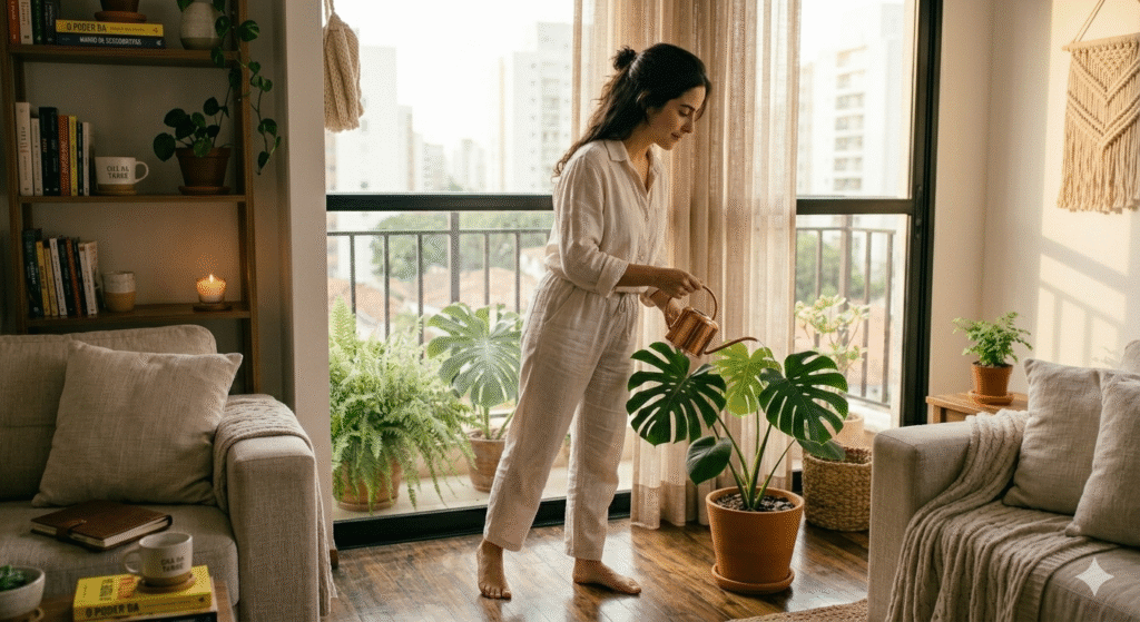 mulher brasileira regando planta em sala iluminada representando autocuidado e cuidado com a energia do lar