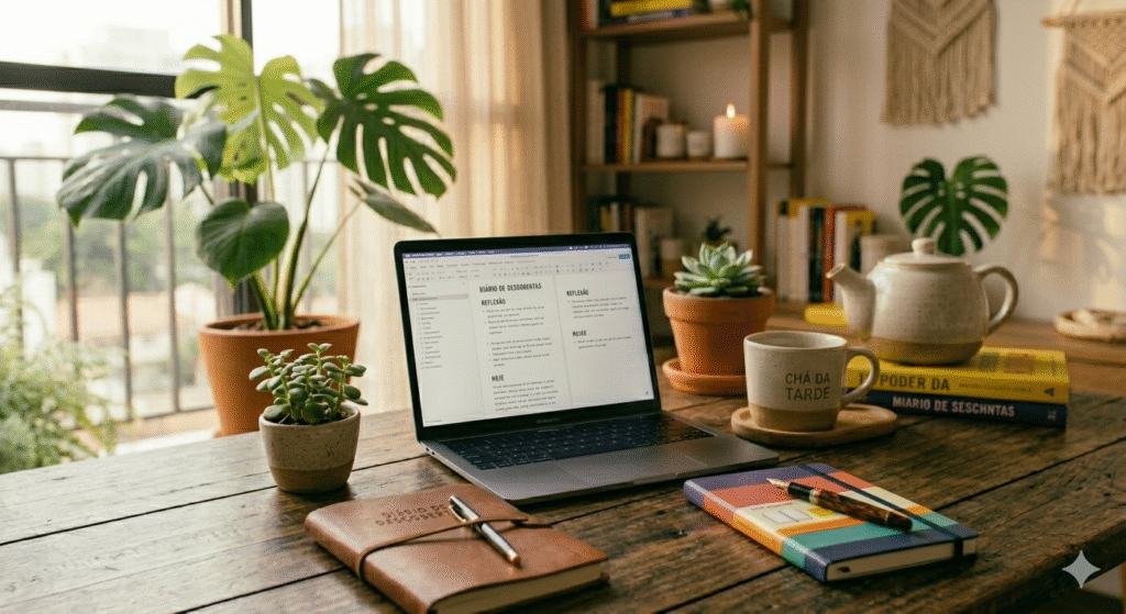 home office organizado com laptop planta cerâmica caderno e luz natural criando ambiente de trabalho produtivo e energizante