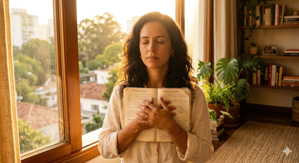 mulher brasileira segurando caderno aberto no peito com olhos fechados e expressão de intenção poderosa junto a janela com luz dourada representando como aplicar a lei da atração na prática com clareza e propósito