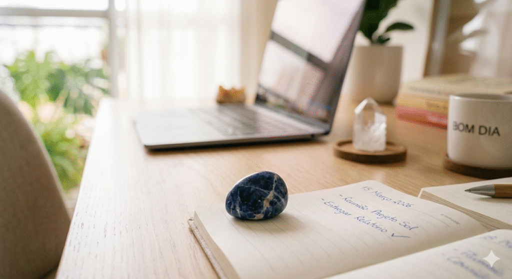 sodalita azul sobre caderno de planejamento aberto em mesa de home office com luz natural