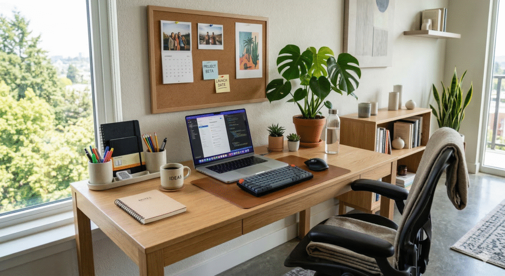 Escritório doméstico organizado e iluminado, promovendo foco e energia positiva