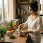 mulher brasileira preparando chá de ervas na cozinha iluminada pela manhã como prática de autocuidado no dia a dia