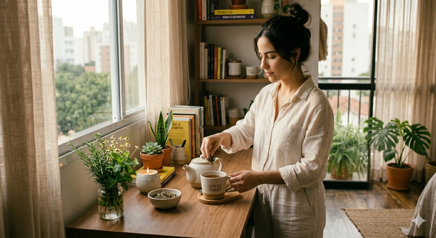 mulher brasileira preparando chá de ervas na cozinha iluminada pela manhã como prática de autocuidado no dia a dia
