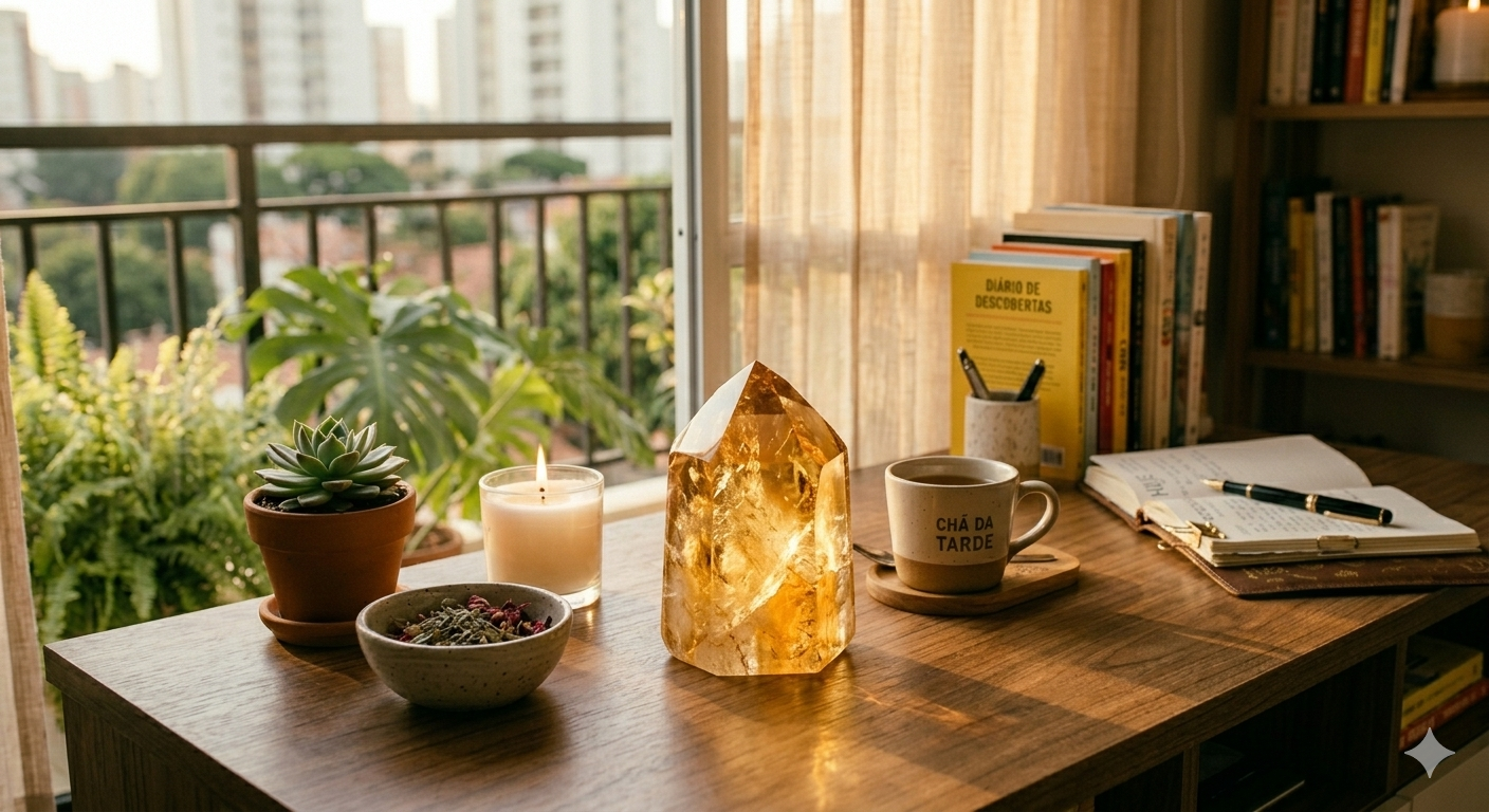 cristal de citrino sobre mesa de escritório em casa com luz dourada do sol criando brilho dourado representando prosperidade e abundância
