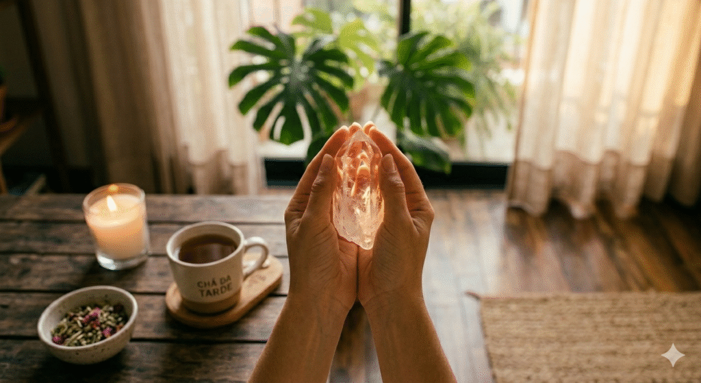 mãos femininas segurando cristal de quartzo transparente com luz suave representando ativação de cristal com intenção consciente