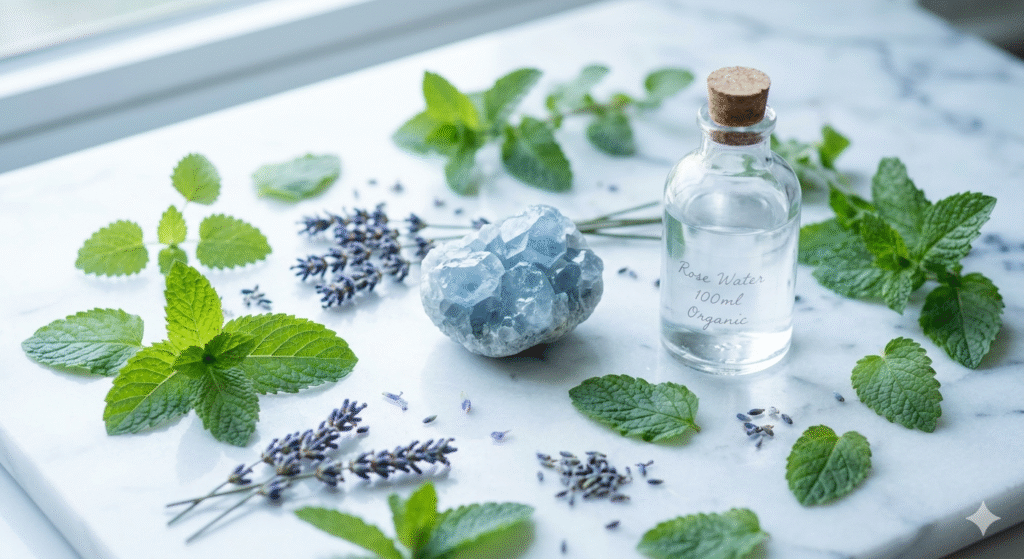 flat lay com folhas de hortelã erva cidreira lavanda seca cristal celestita e água de rosas representando ingredientes do banho de lua para signos de ar gêmeos libra e aquário