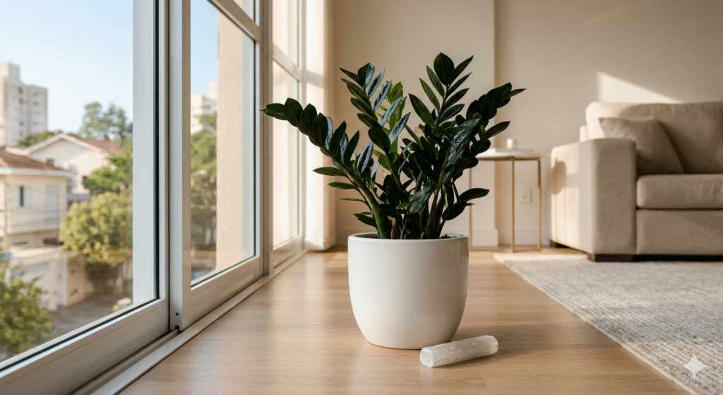 zamioculca com folhas verdes brilhantes em vaso branco de cerâmica em sala de estar moderna com cristal selenita ao lado representando planta da fortuna e prosperidade duradoura em casa