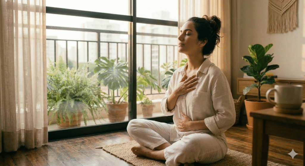 mulher praticando respiração diafragmática com mãos no peito e na barriga em momento de mindfulness e autocuidado