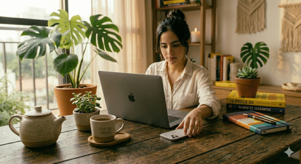 mulher colocando celular virado para baixo na mesa do home office para evitar notificações e manter foco e energia no trabalho