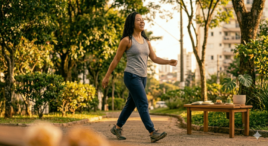 mulher brasileira caminhando com energia em trilha arborizada com expressão de alívio e liberdade sob luz dourada da tarde representando como mover o corpo libera tensão acumulada e reduz a ansiedade rapidamente ao liberar endorfina dopamina e serotonina