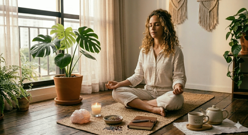 mulher meditando com vela acesa e quartzo rosa em frente a janela aberta representando recuperação do burnout através de rituais de autocuidado e restauração energética