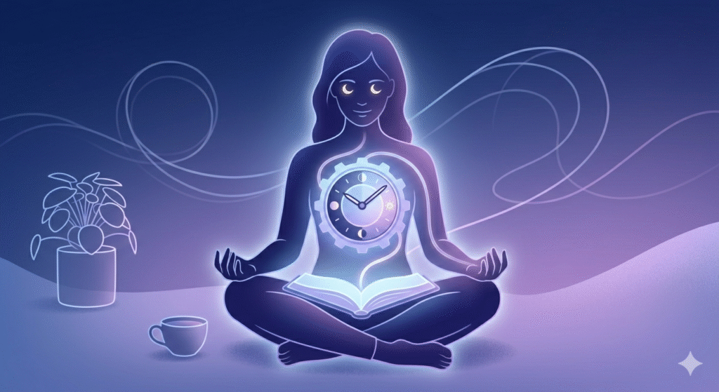 ilustração artística do ritmo circadiano representando o relógio biológico interno e os ciclos do sono