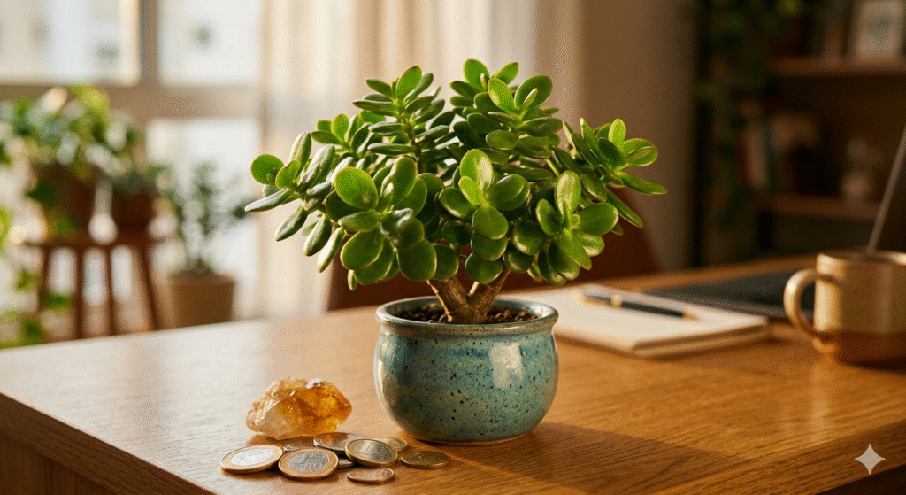 text: planta dinheiro em penca com folhas redondas e brilhantes em vaso de cerâmica sobre mesa de escritório com cristal citrino e moedas ao lado representando planta que atrai dinheiro e abundância financeira