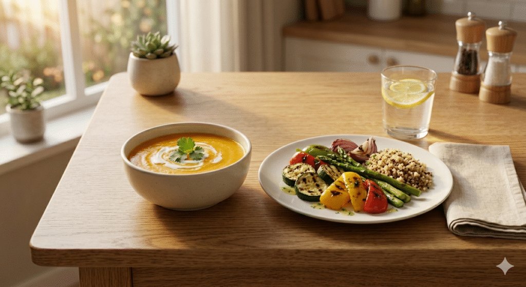 jantar leve com legumes e água com limão seguindo a etapa de 3 horas do método 10-3-2-1