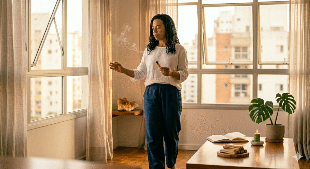 mulher brasileira caminhando pela sala com palo santo aceso e fumaça branca subindo com janelas abertas e cortinas ao vento com expressão calma e intencional representando o mini ritual de limpeza energética como técnica para aliviar a ansiedade e renovar a energia do ambiente