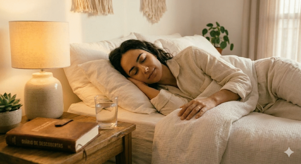 mulher dormindo profundamente em cama aconchegante com pijama de linho e luz suave representando sono de qualidade para ter mais energia no trabalho