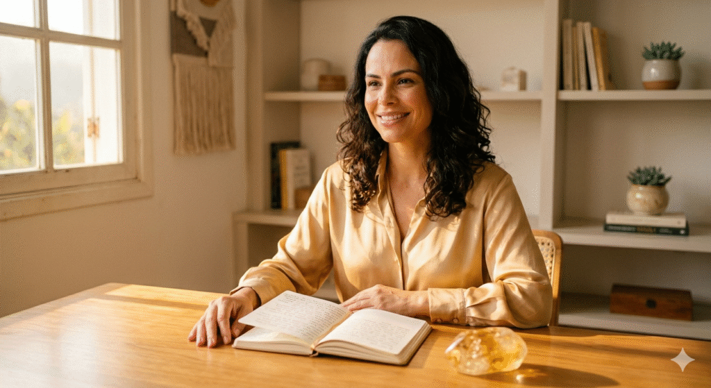 mulher brasileira elegante com caderno de afirmações abertas e cristal citrino sobre mesa de madeira com luz solar dourada representando frases com intenção para prosperidade e dinheiro como ferramenta de reprogramação da mentalidade financeira