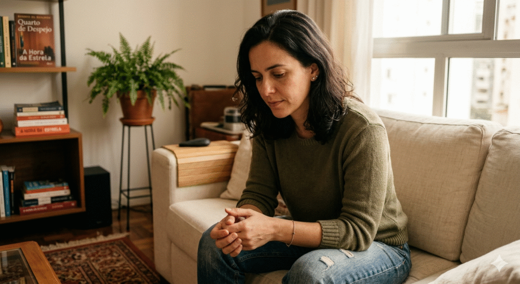 mulher brasileira sentada no sofá com expressão reflexiva e honesta representando momento de clareza sobre os limites reais da lei da atração e a necessidade de ação concreta
