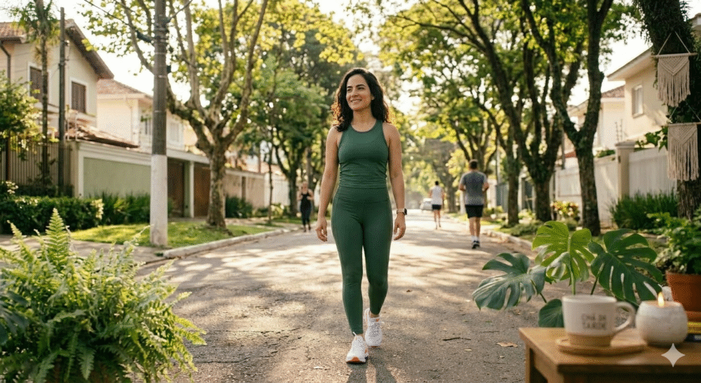 mulher brasileira caminhando em rua arborizada pela manhã com luz dourada representando movimento antes do trabalho para ter mais energia