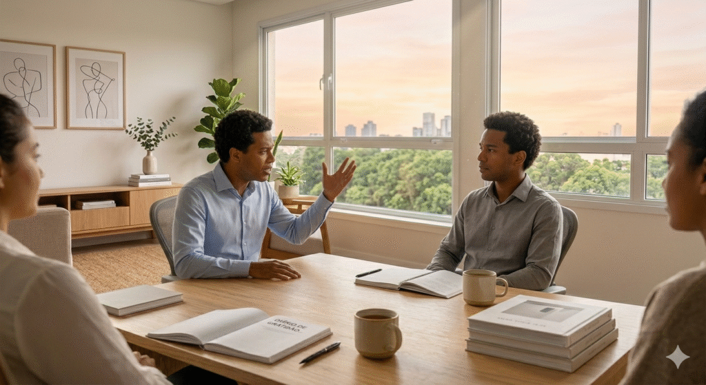 Reunião corporativa com clima tenso enquanto colaborador mantém postura profissional e controle emocional.