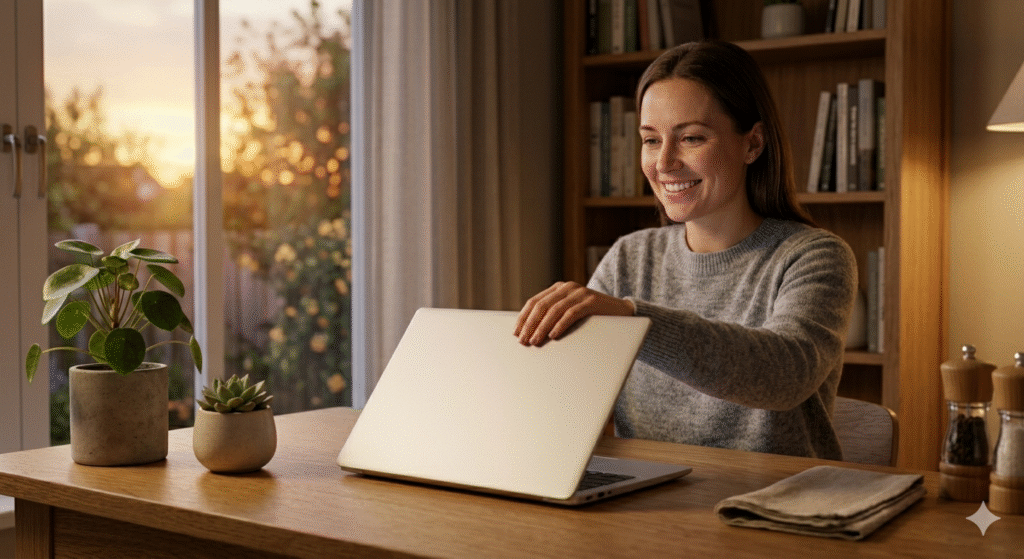 pessoa fechando laptop à noite encerrando o trabalho duas horas antes de dormir