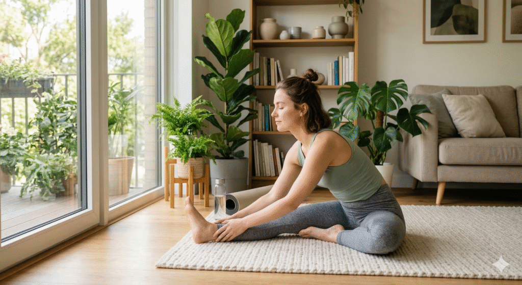Pessoa alongando o corpo em casa, promovendo relaxamento, energia positiva e bem-estar